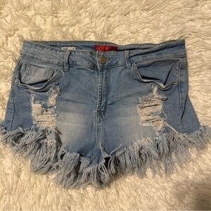 Hot Kiss Mid Rise Frayed Hem Jean Shorts - Light Blue
